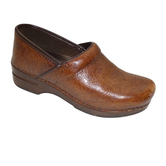 Dansko XP Leather Embossed Floral Brown Comfort Work Clogs Slip On Shoes 40 - Picture 1 of 12